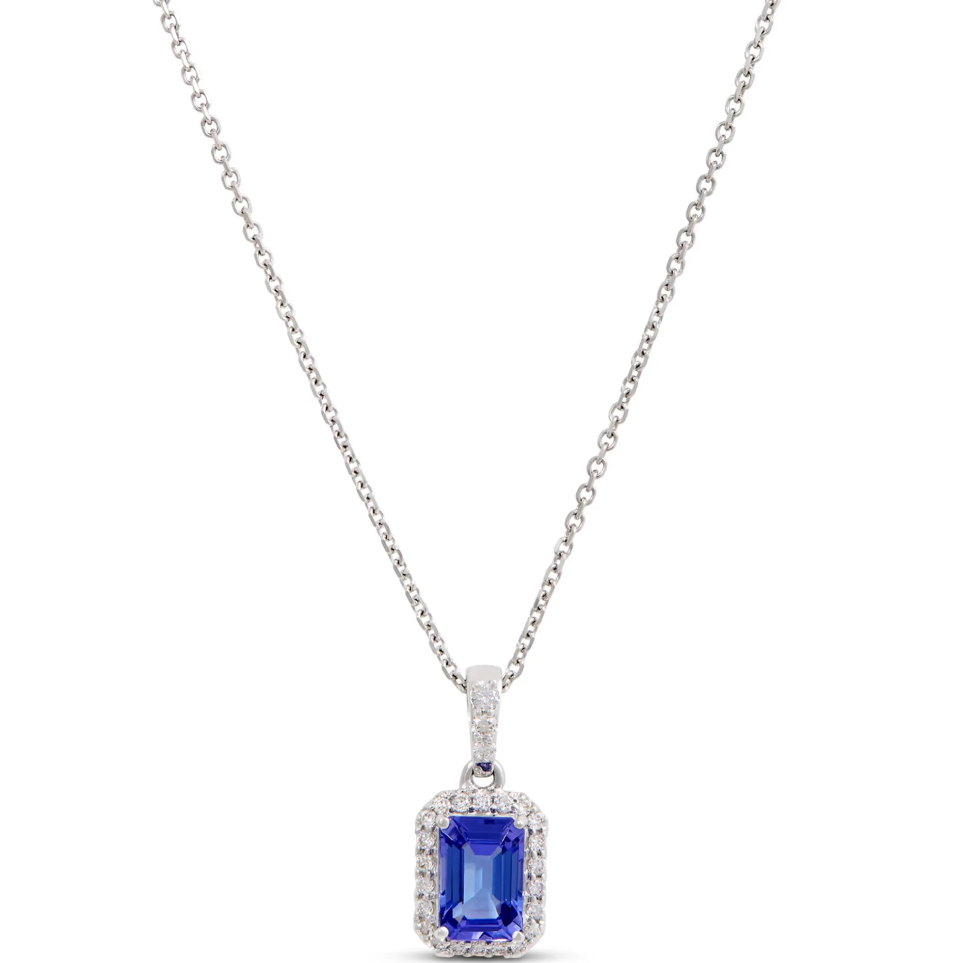 Emerald Cut Tanzanite Pendant with Diamond Halo, 14K White Gold