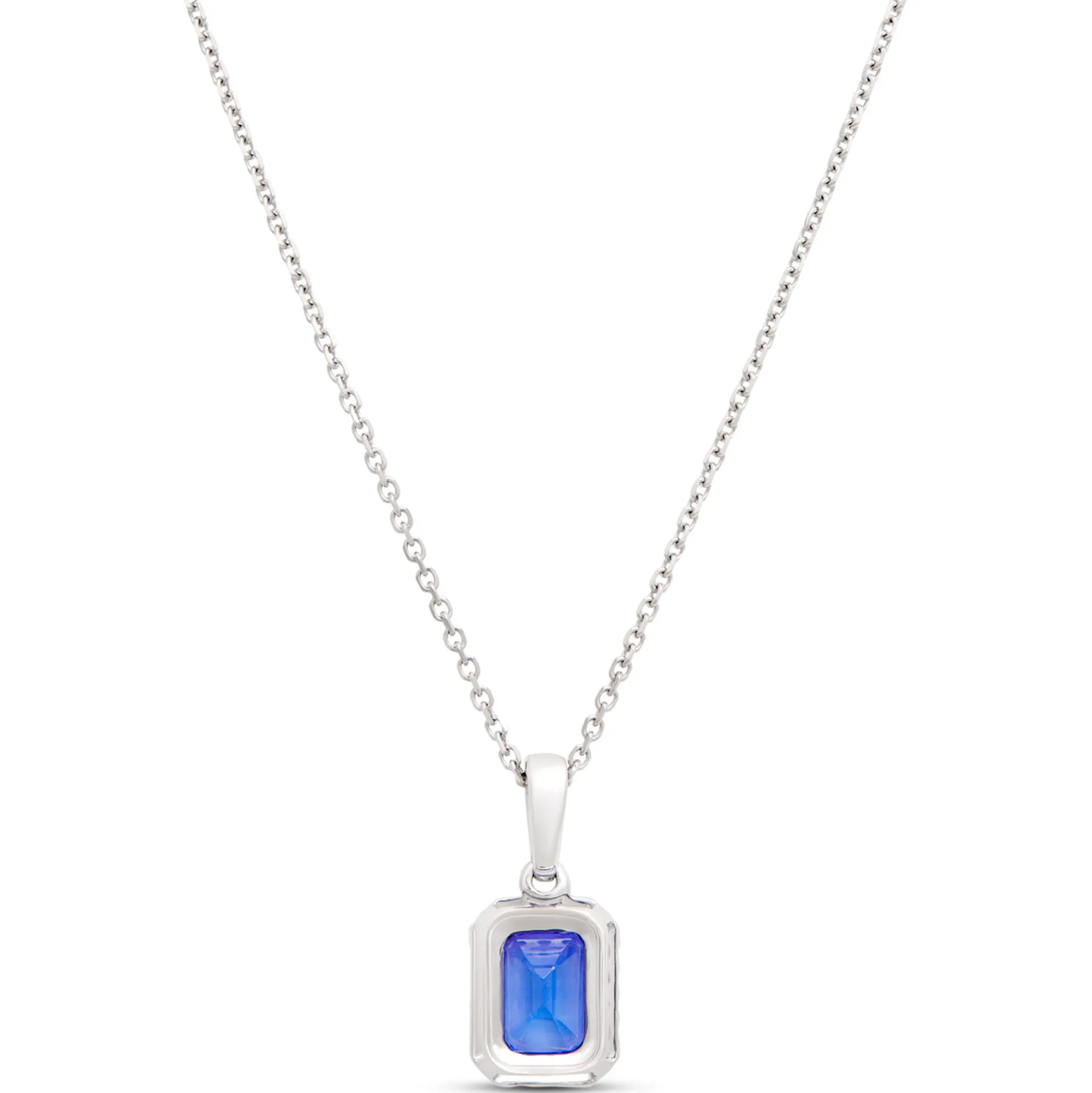 Emerald Cut Tanzanite Pendant with Diamond Halo, 14K White Gold