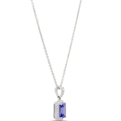 Emerald Cut Tanzanite Pendant with Diamond Halo, 14K White Gold