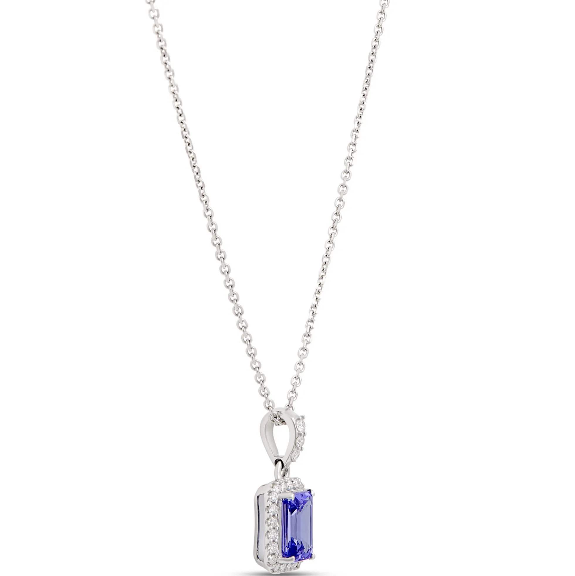 Emerald Cut Tanzanite Pendant with Diamond Halo, 14K White Gold