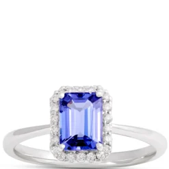 Emerald Cut Tanzanite Ring with Diamond Halo, 14K White Gold