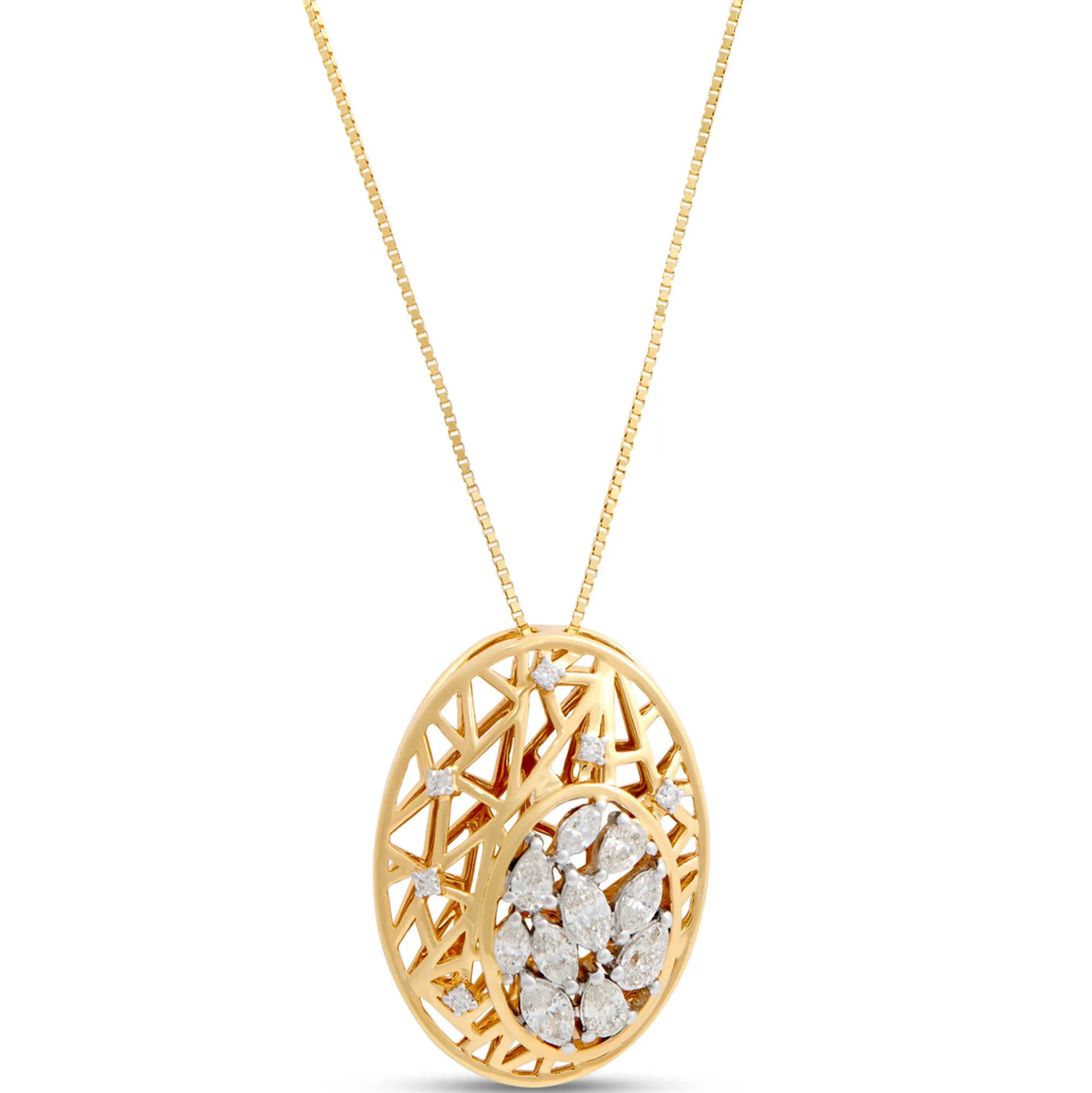 Filigree Pendant Necklace with Diamond Cluster, 1 Carat, 14k Yellow Gold