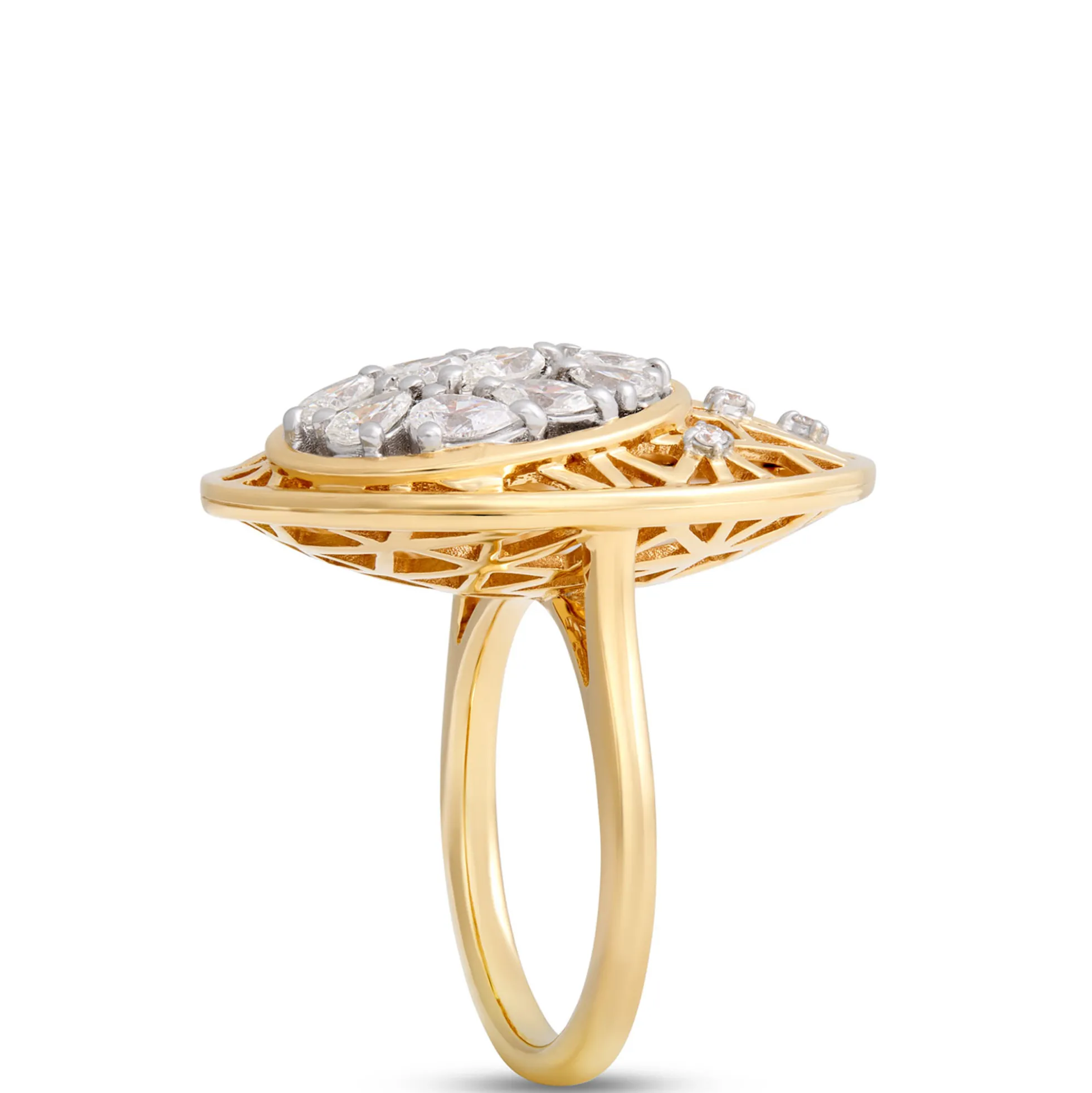 Filigree Ring With Oval Diamond Cluster, 14K Yellow Gold Size 6.5
