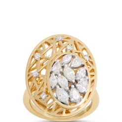 Filigree Ring With Oval Diamond Cluster, 14K Yellow Gold Size 6.5