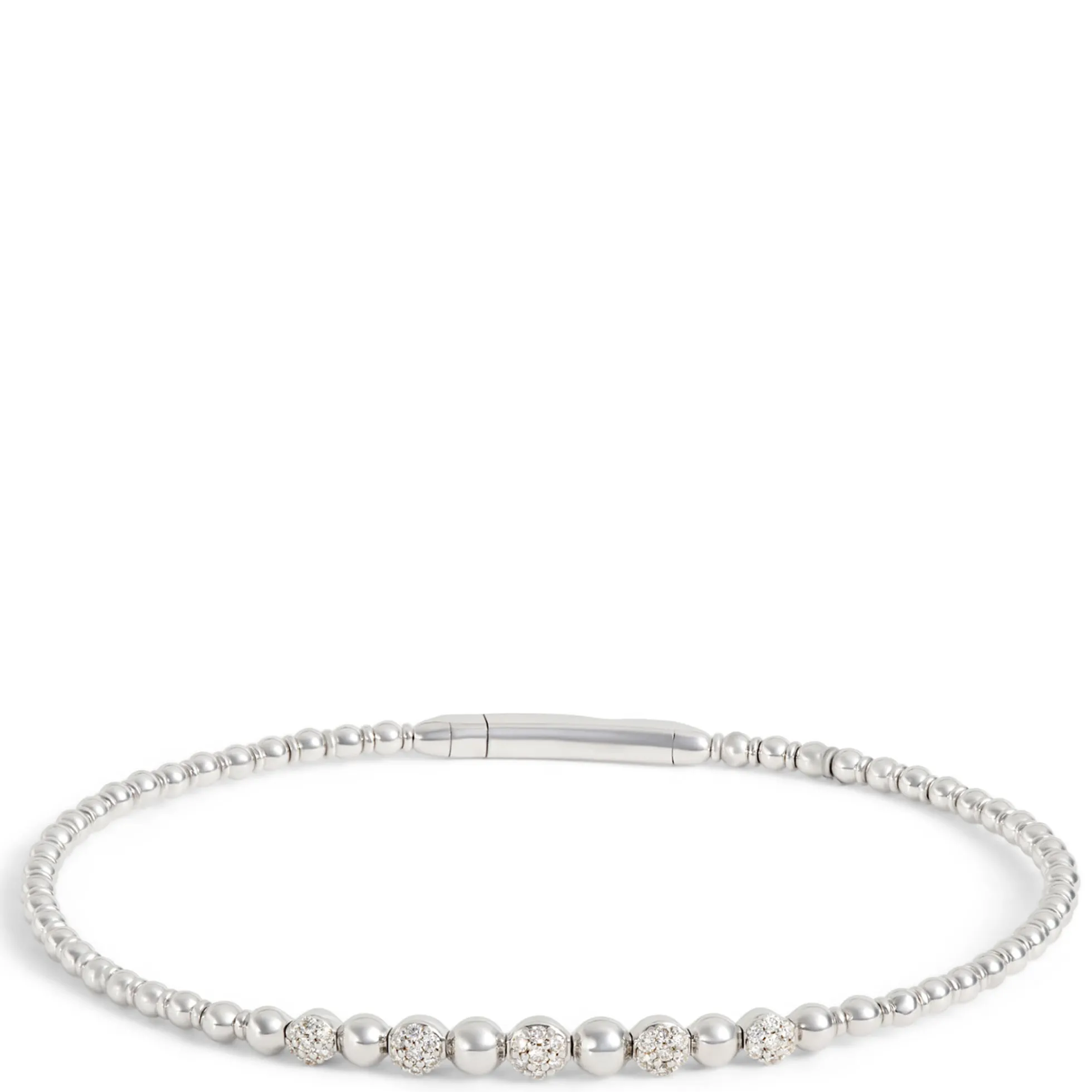 Flexy Bead Bangle with Diamond Cluster Stations, 14K White Gold