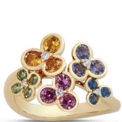 Floral Rainbow Sapphire Ring, 14k Yellow Gold