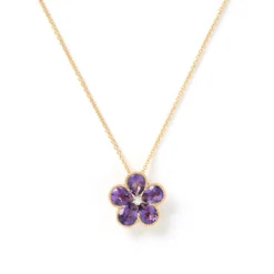 Flower Shaped Amethyst and Diamond Pendant, 14K Yellow Gold
