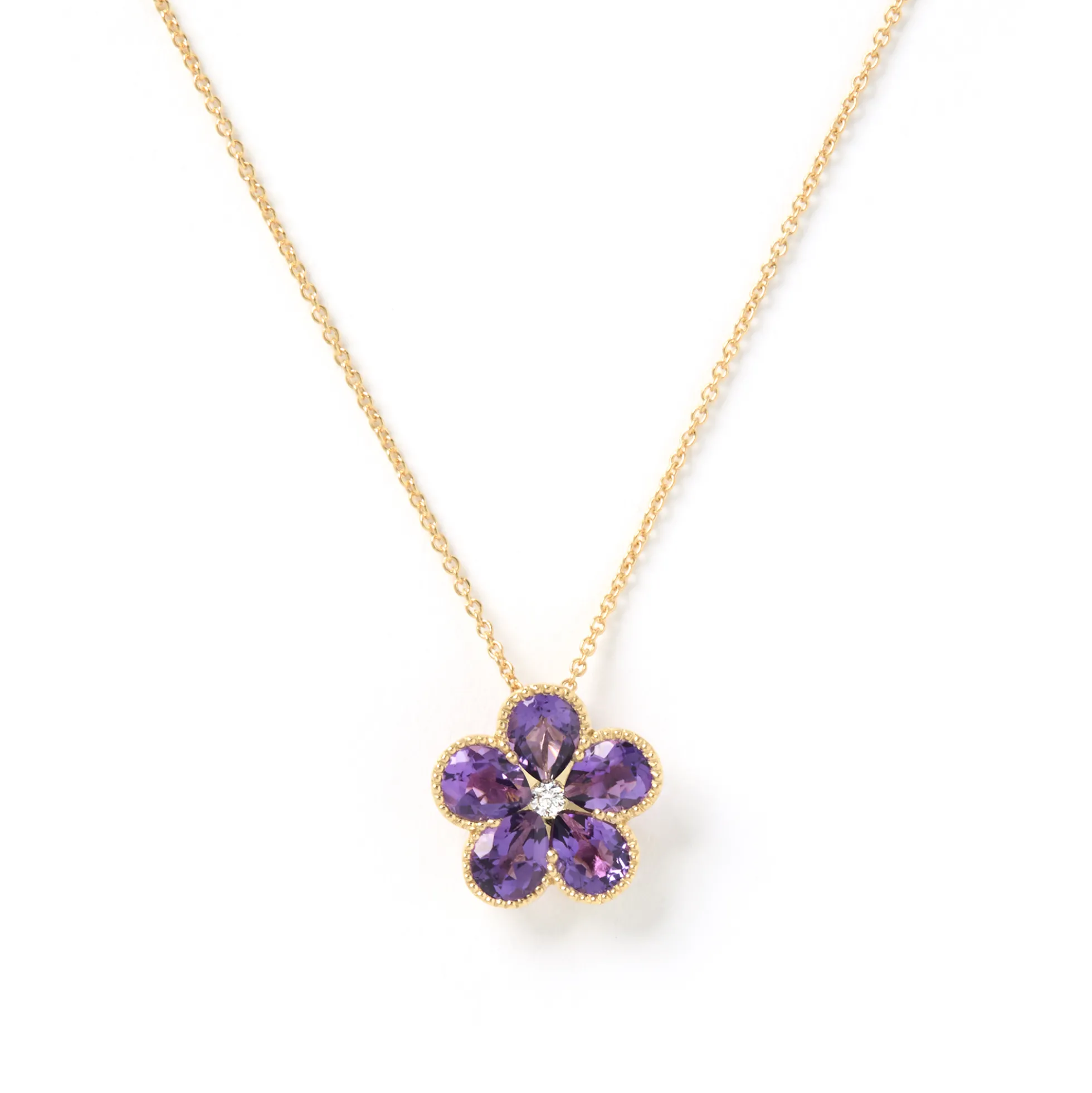 Flower Shaped Amethyst and Diamond Pendant, 14K Yellow Gold