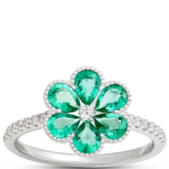 Flower Shaped Emerald Ring, 14K White Gold