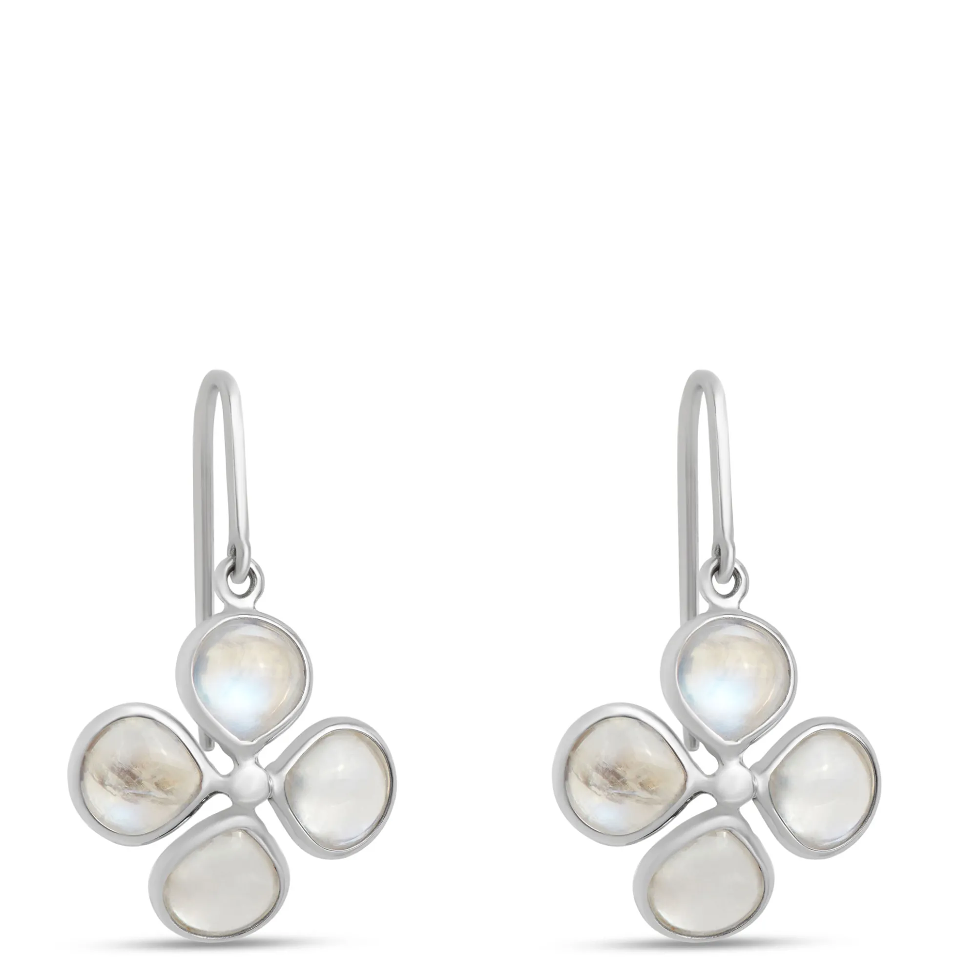 Flower-Shaped Rainbow Moonstone Earrings, Sterling Silver