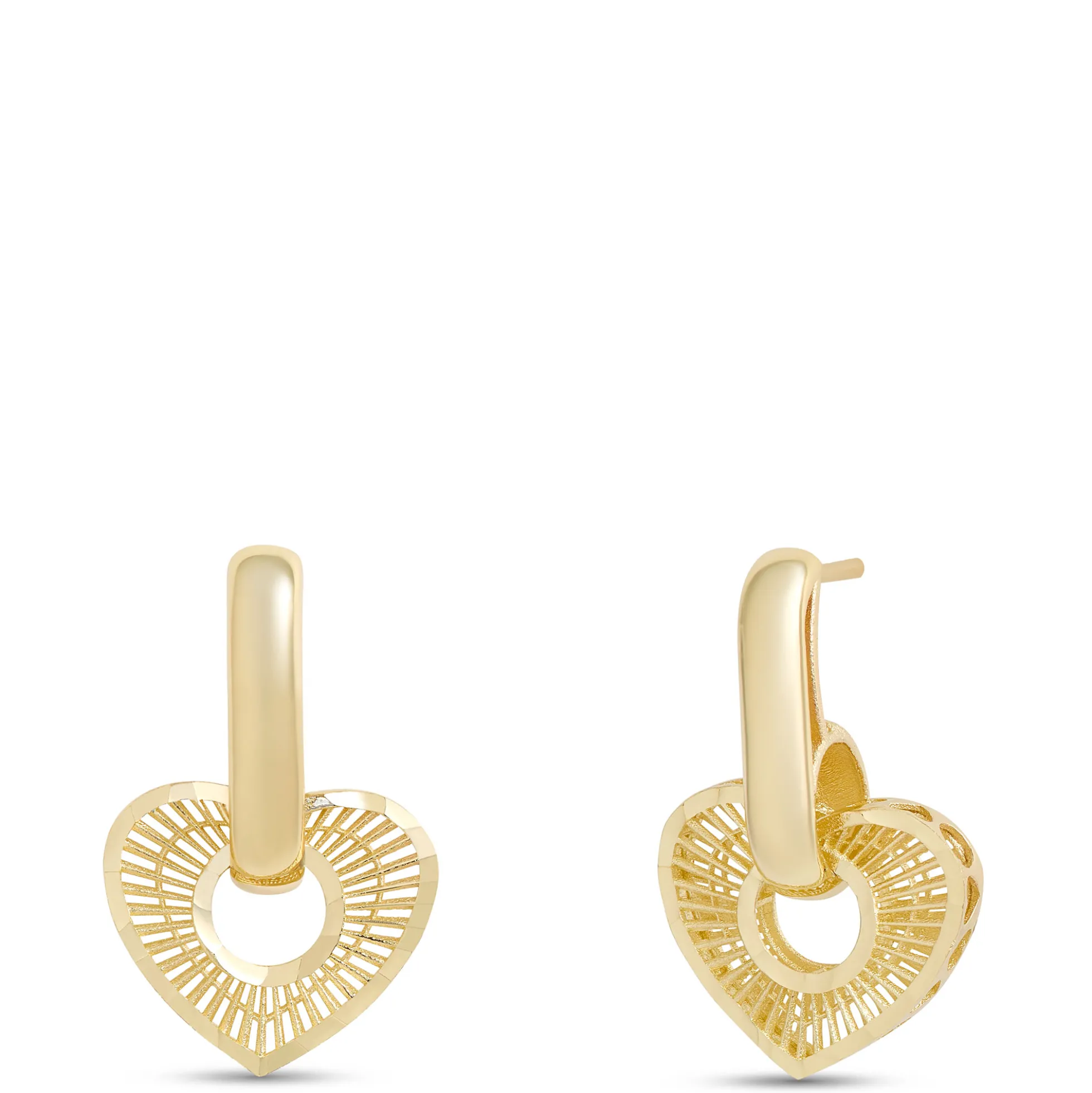 Fluted Heart Earrings with Diamond Cut Edge, 14K Yellow Gold
