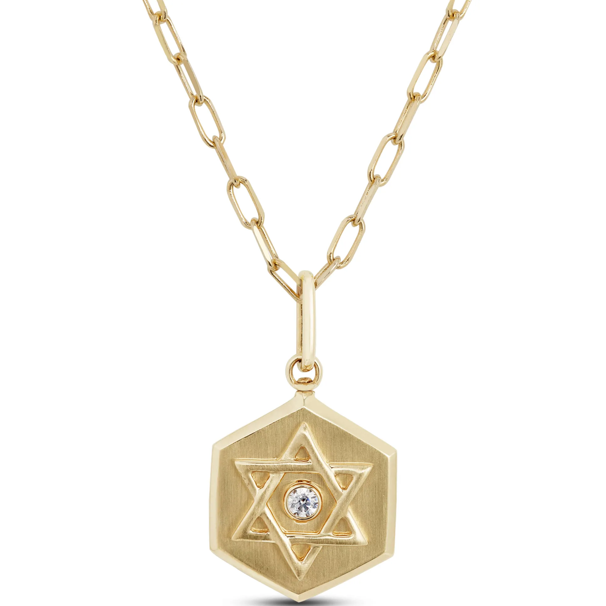 Ikuma Diamond Paperclip Necklace with Star of David Pendant, 14K Yellow Gold