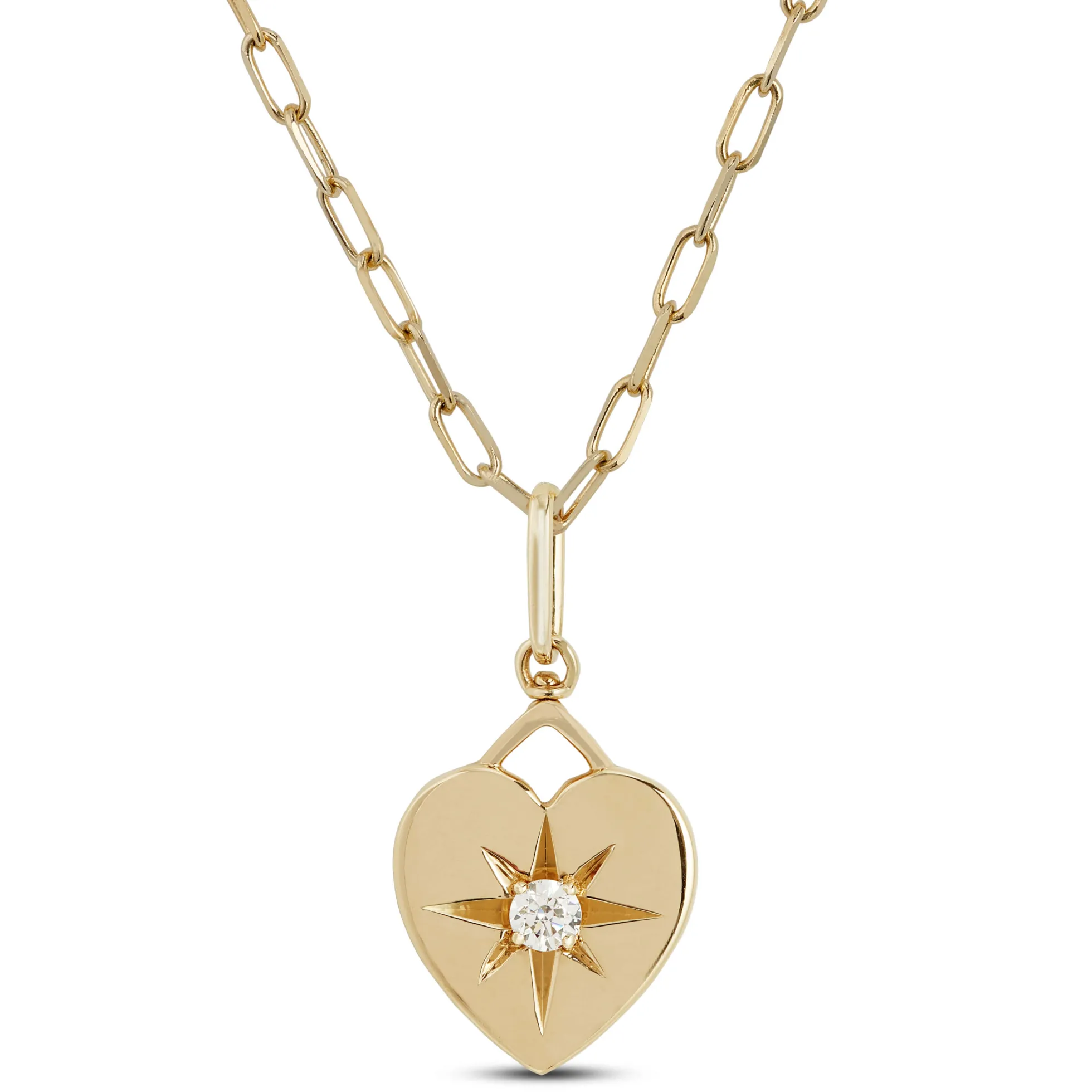 Ikuma Diamond Paperclip Necklace with Heart Pendant, 14K Yellow Gold