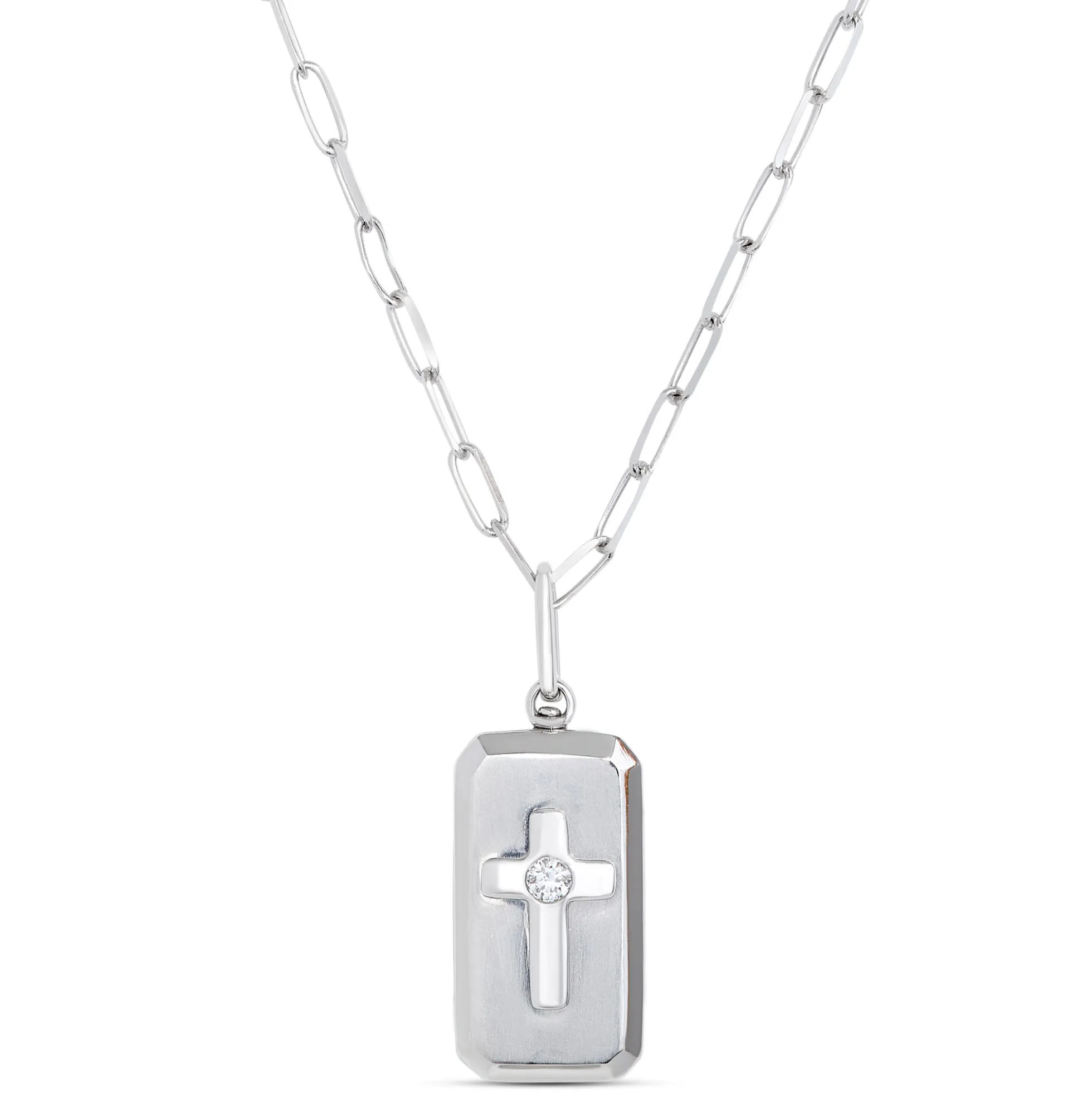 Ikuma Square Cross Diamond Pendant on Paperclip Chain, 14K White Gold