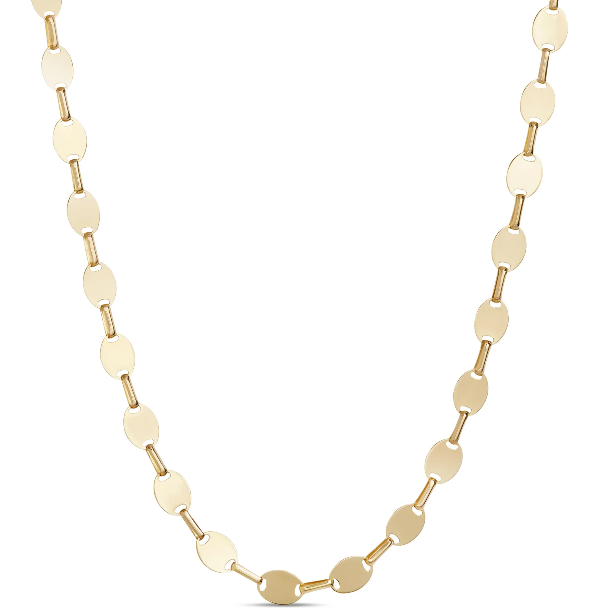 18-Inch Bar and Oval Mirrored Link Necklace, 14K Yellow Gold