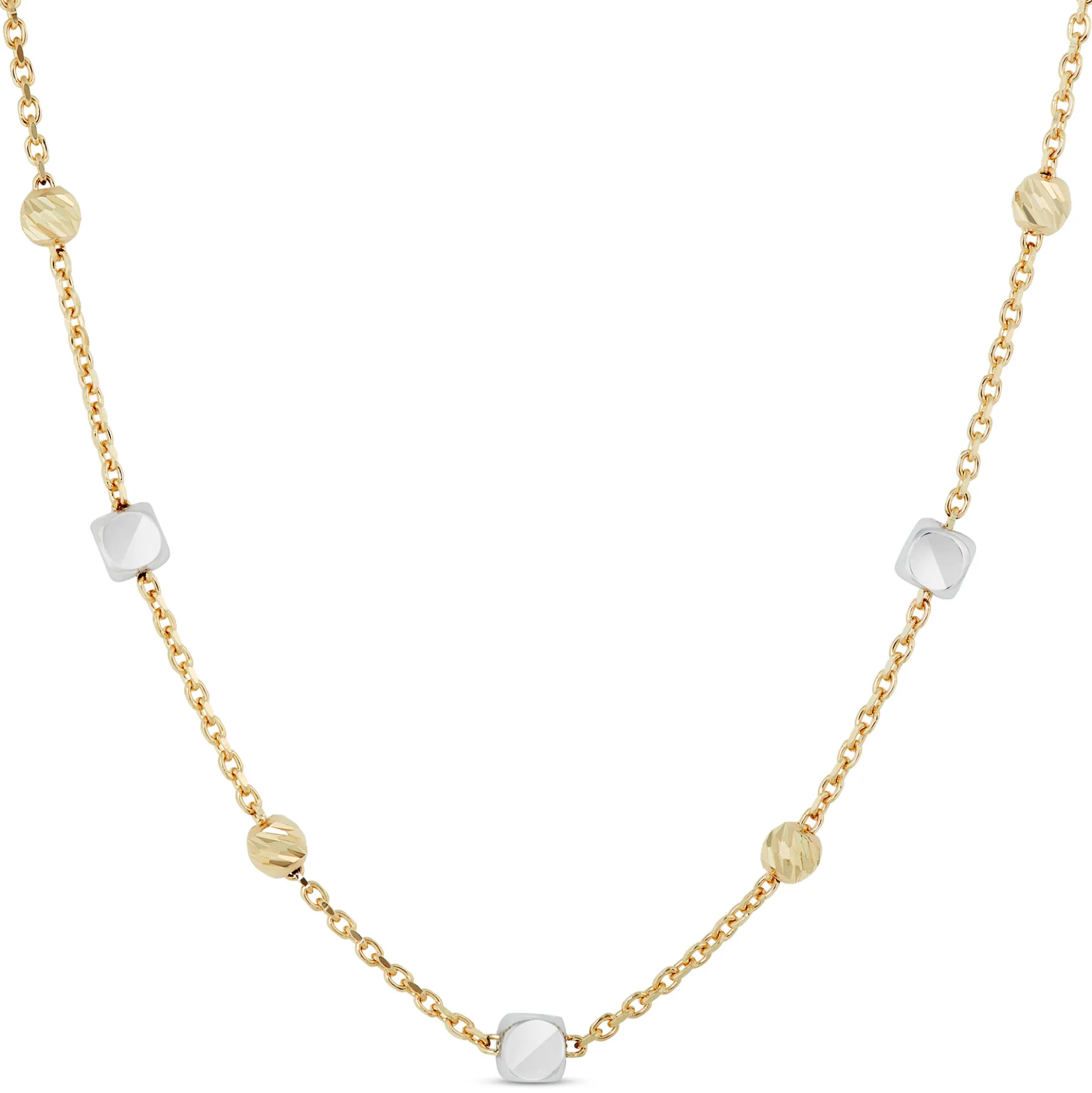 18-Inch Cube and Round Bead Station Necklace, 14K Yellow Gold