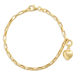 7.5-Inch Link Bracelet with Heart Charm, 14K Yellow Gold