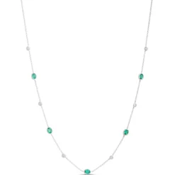 18-Inch Oval Emerald Station Necklace, 14K White Gold