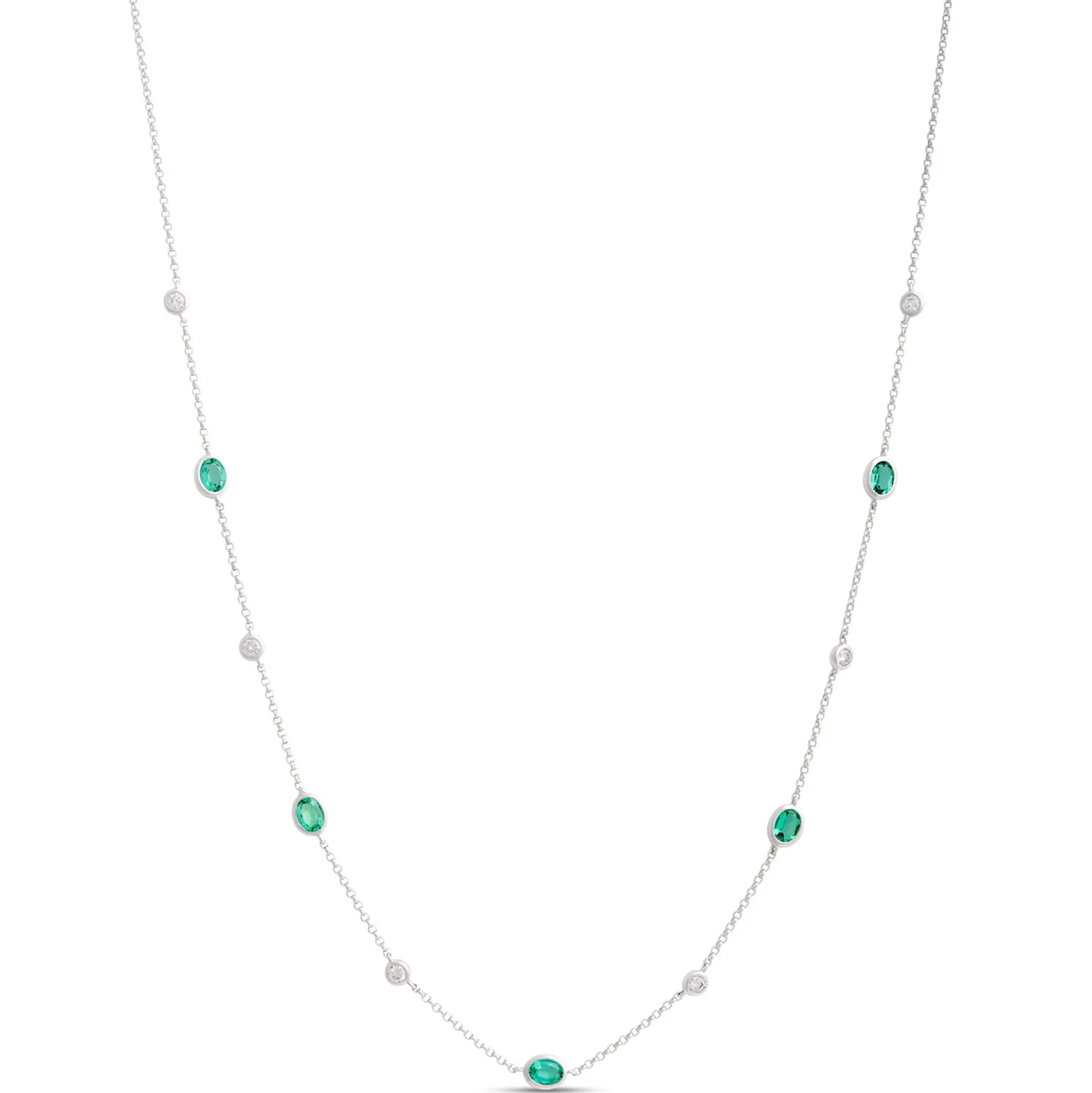 18-Inch Oval Emerald Station Necklace, 14K White Gold