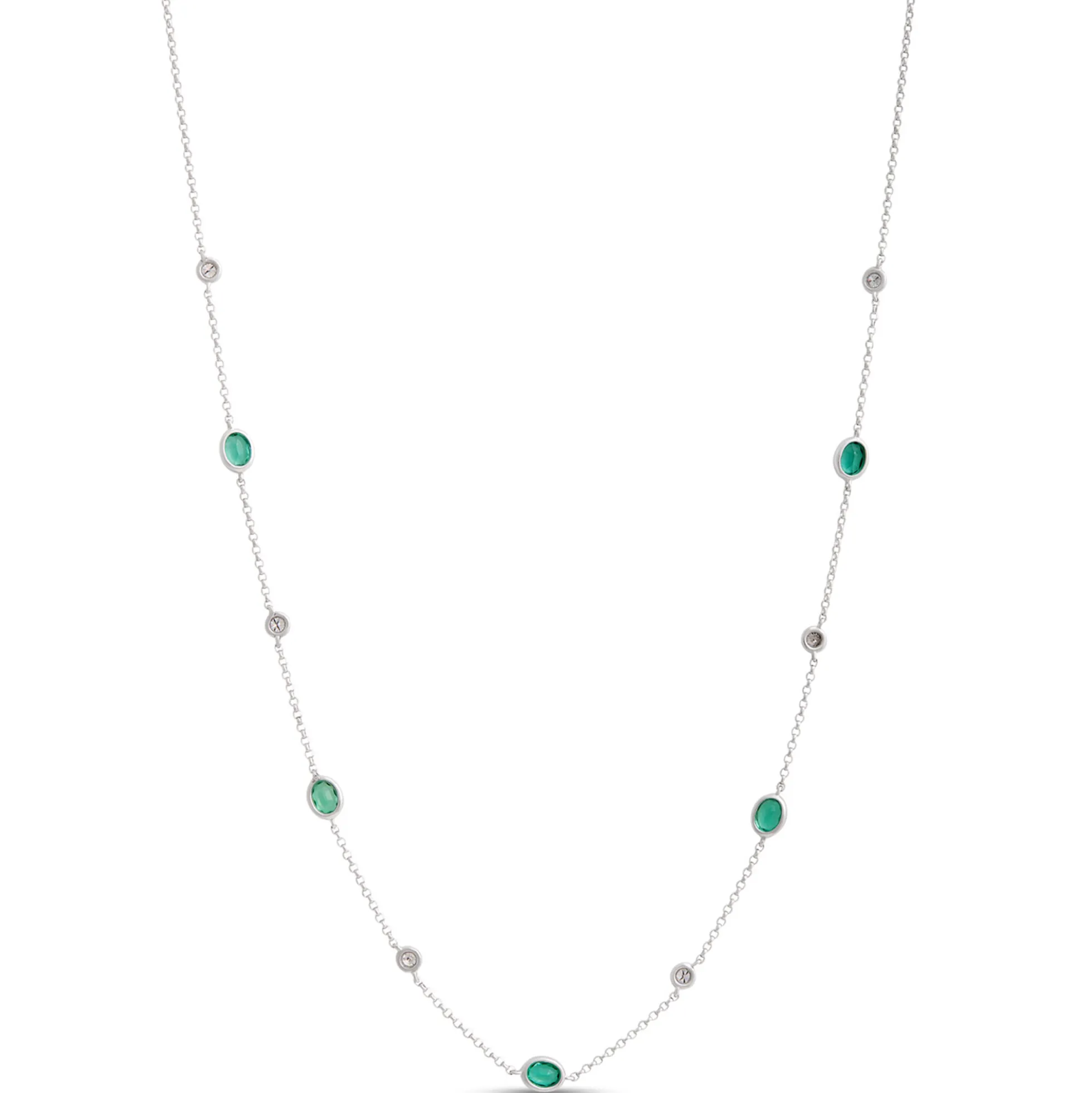 18-Inch Oval Emerald Station Necklace, 14K White Gold