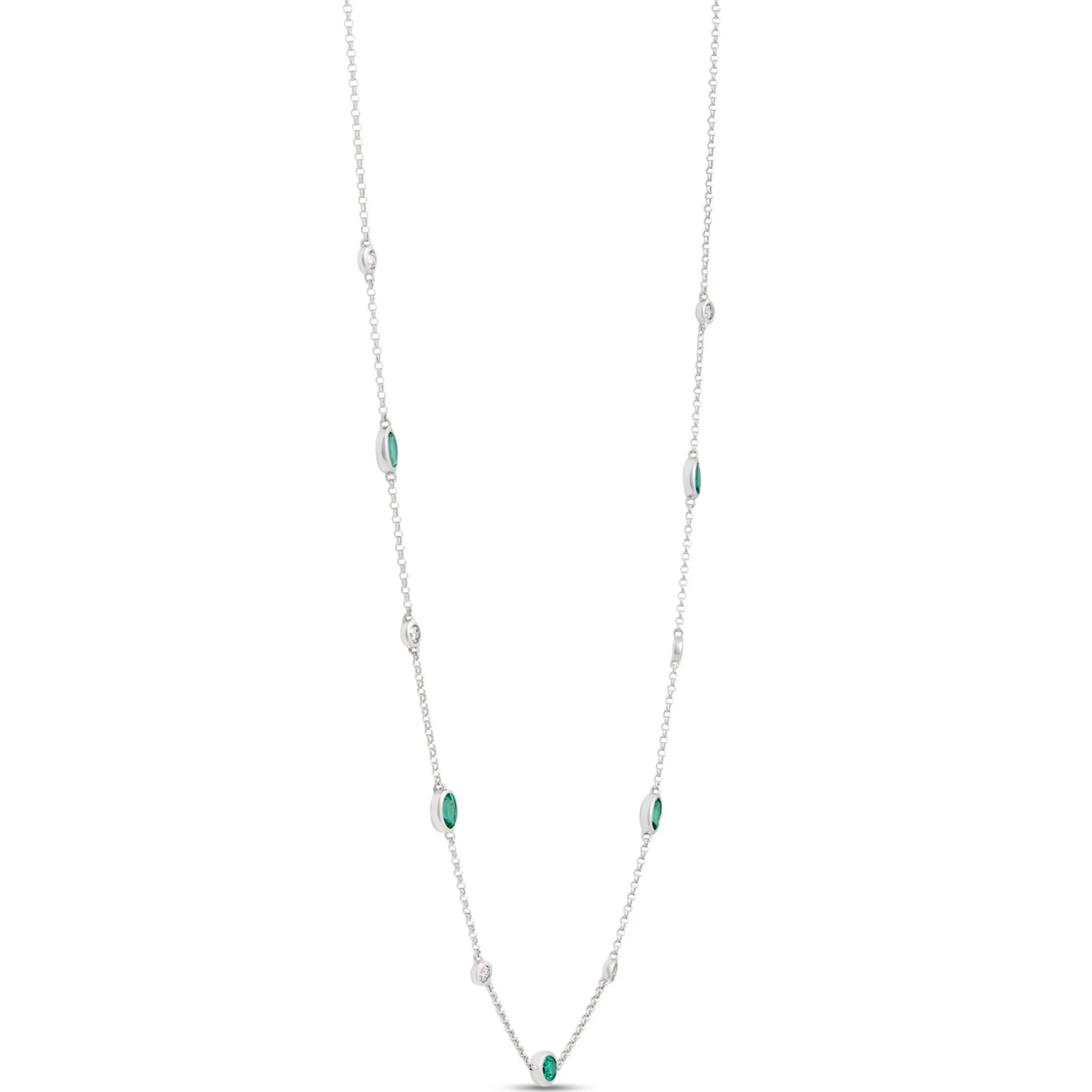 18-Inch Oval Emerald Station Necklace, 14K White Gold