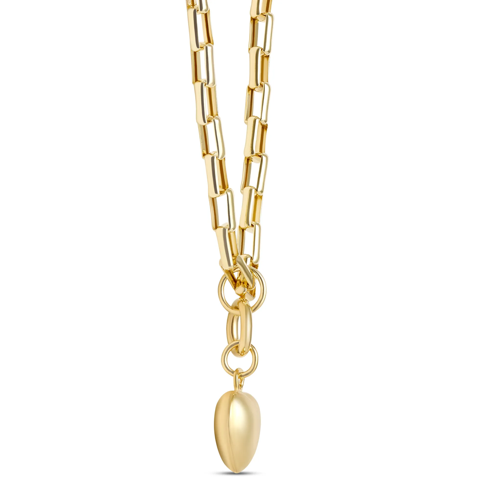 18-Inch Puffed Heart Pendant on rectangle Link Chain, 14K Yellow Gold