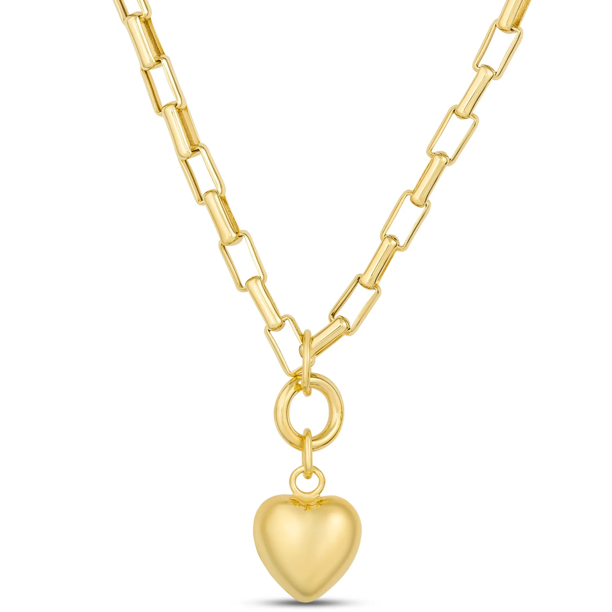18-Inch Puffed Heart Pendant on rectangle Link Chain, 14K Yellow Gold