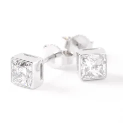 Invisible Bezel Solitaire Princess Cut Diamond Studs, 14K White Gold
