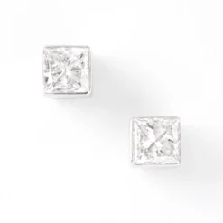 Invisible Bezel Solitaire Princess Cut Diamond Studs, 14K White Gold