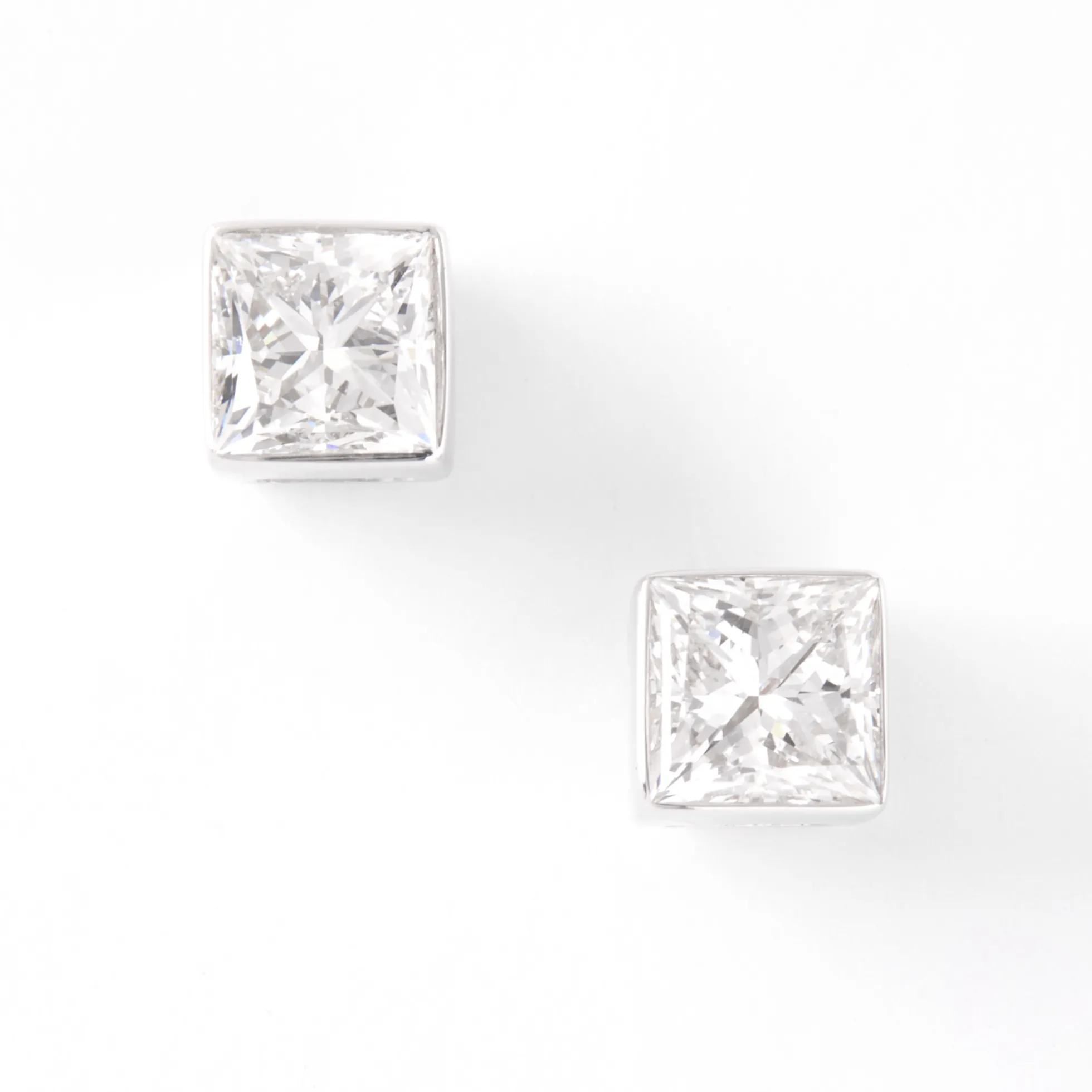Invisible Bezel Solitaire Princess Cut Diamond Studs, 14K White Gold