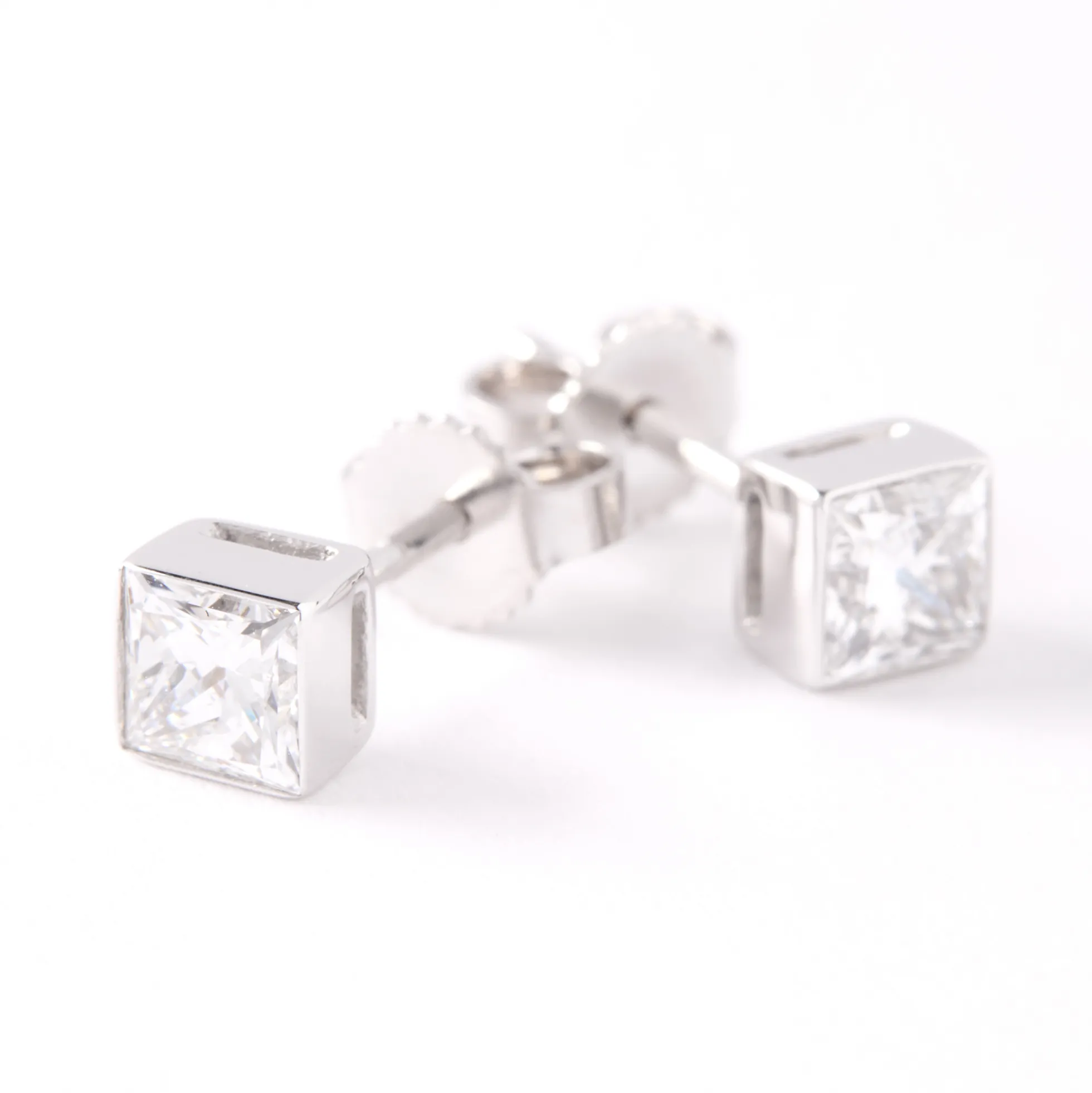 Invisible Bezel Solitaire Princess Cut Diamond Studs, 14K White Gold