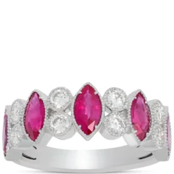 Marquise Diamond and Ruby Ring, 14K White Gold Size 7