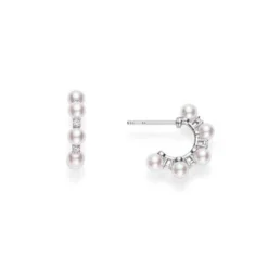 Mikimoto Akoya Cultured Pearl & Diamond Bubbles 3.5mm Hoop Earrings 18K