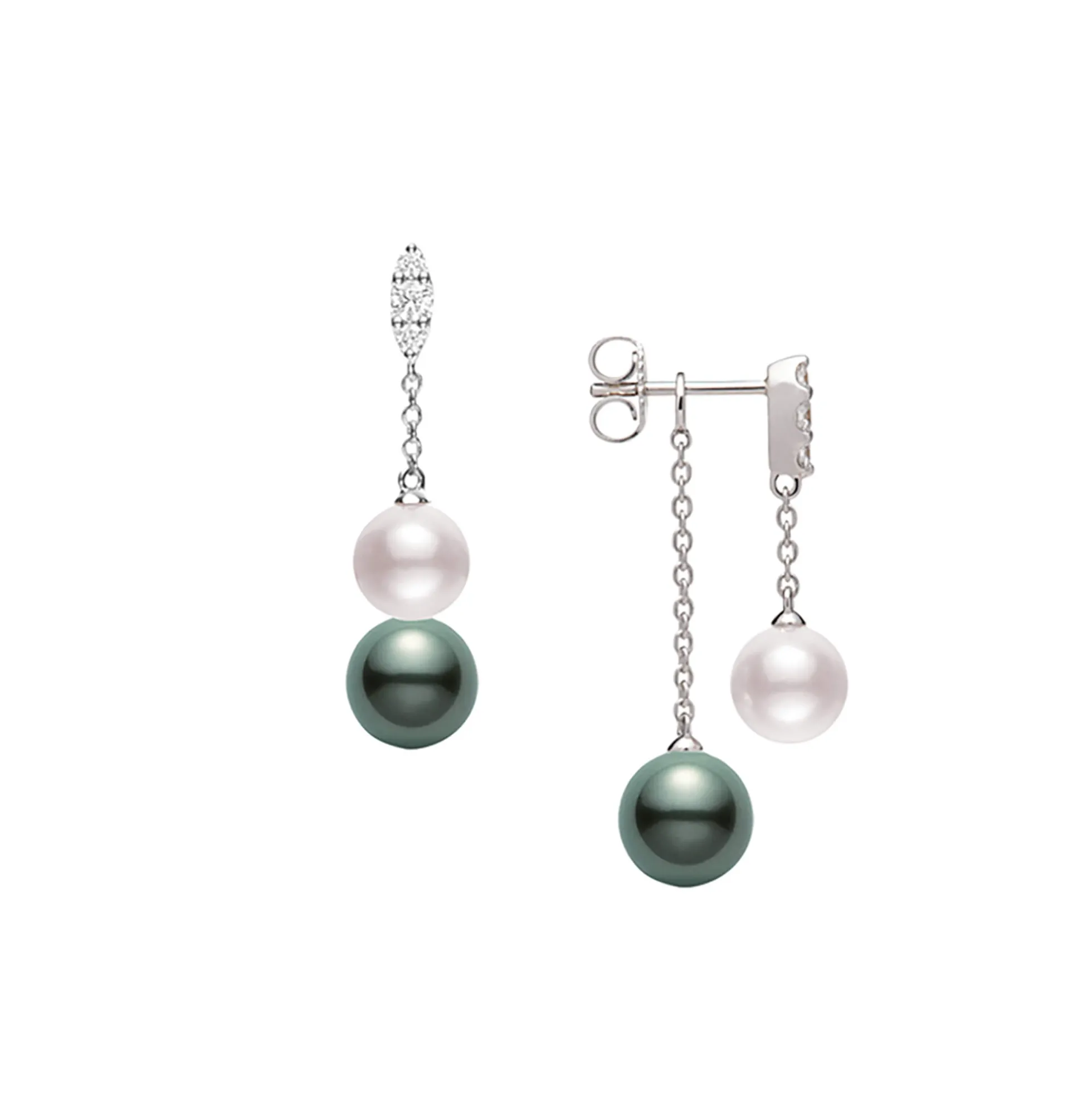 Mikimoto Morning Dew Akoya Cultured and Black South Sea Cultured Pearl Earrings with Diamonds, 18K White Gold