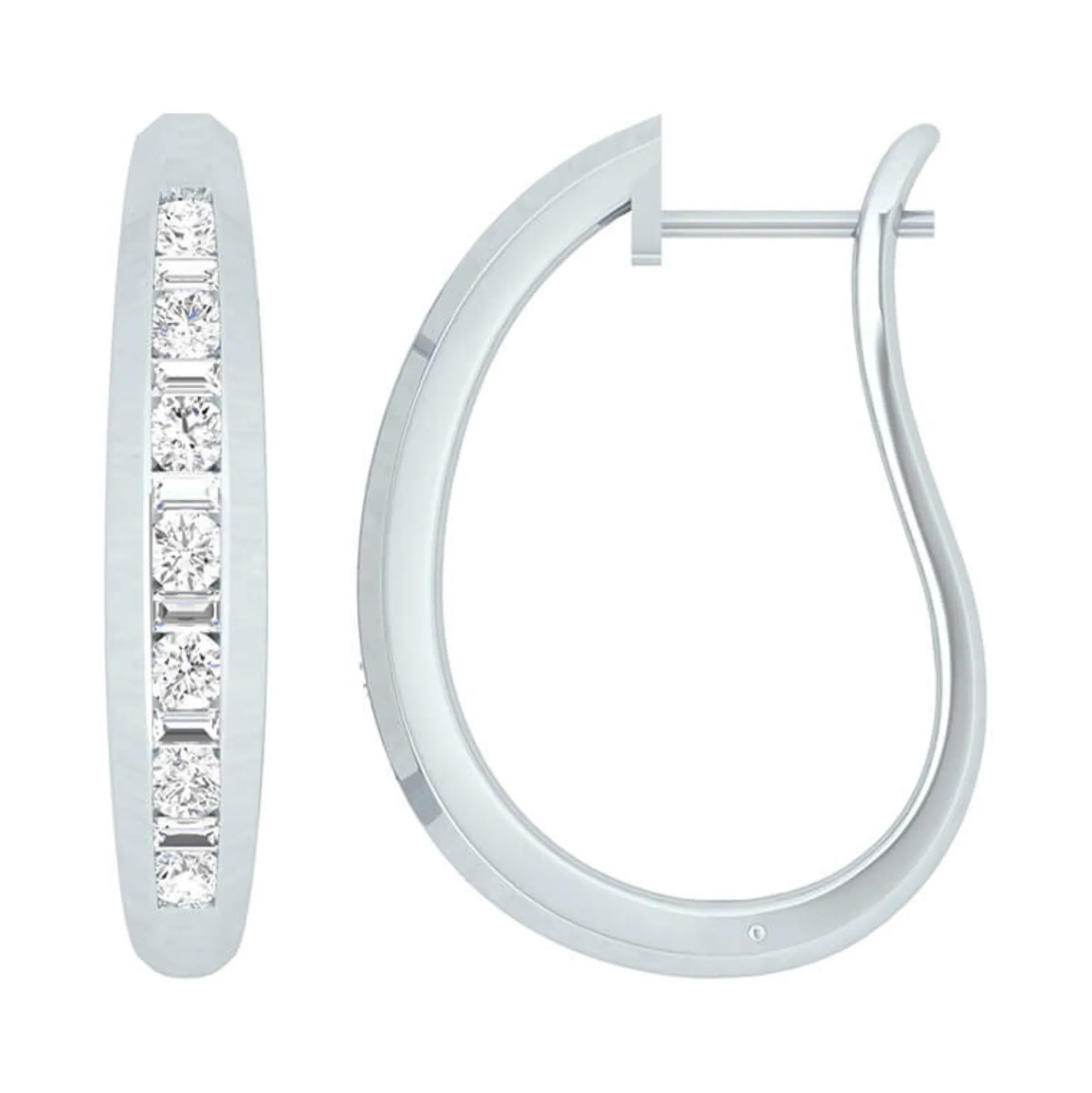 27MM Baguette and Round Diamond Hoop Earrings 27MM, 14K White Gold