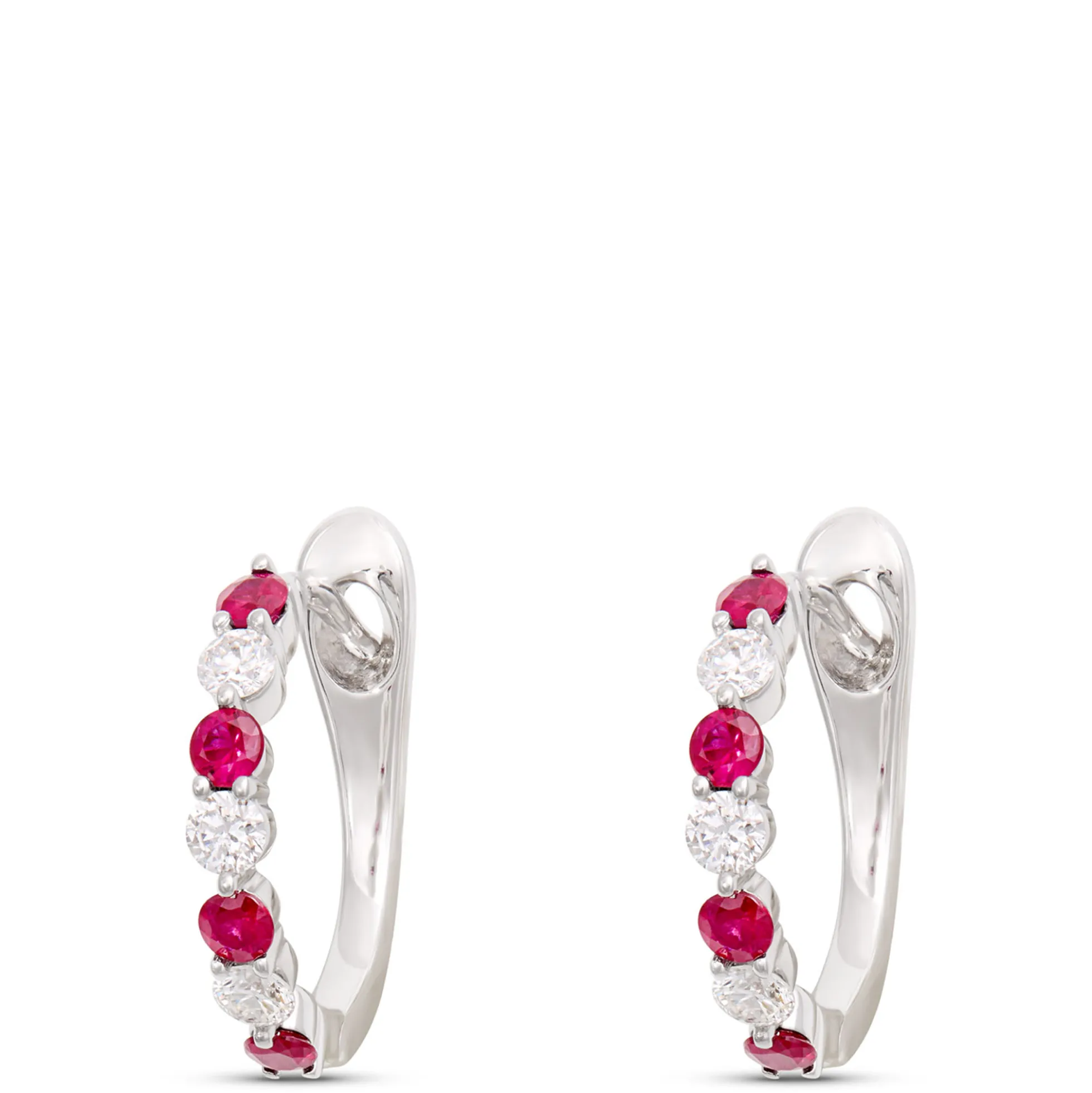 14MM Round Ruby and Diamond Hoop Earrings in 14K White Gold