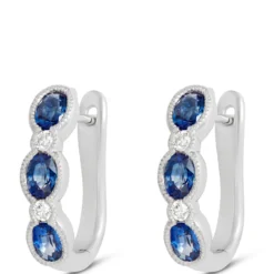 16MM Sapphire & Diamond Hoop Earrings 14K