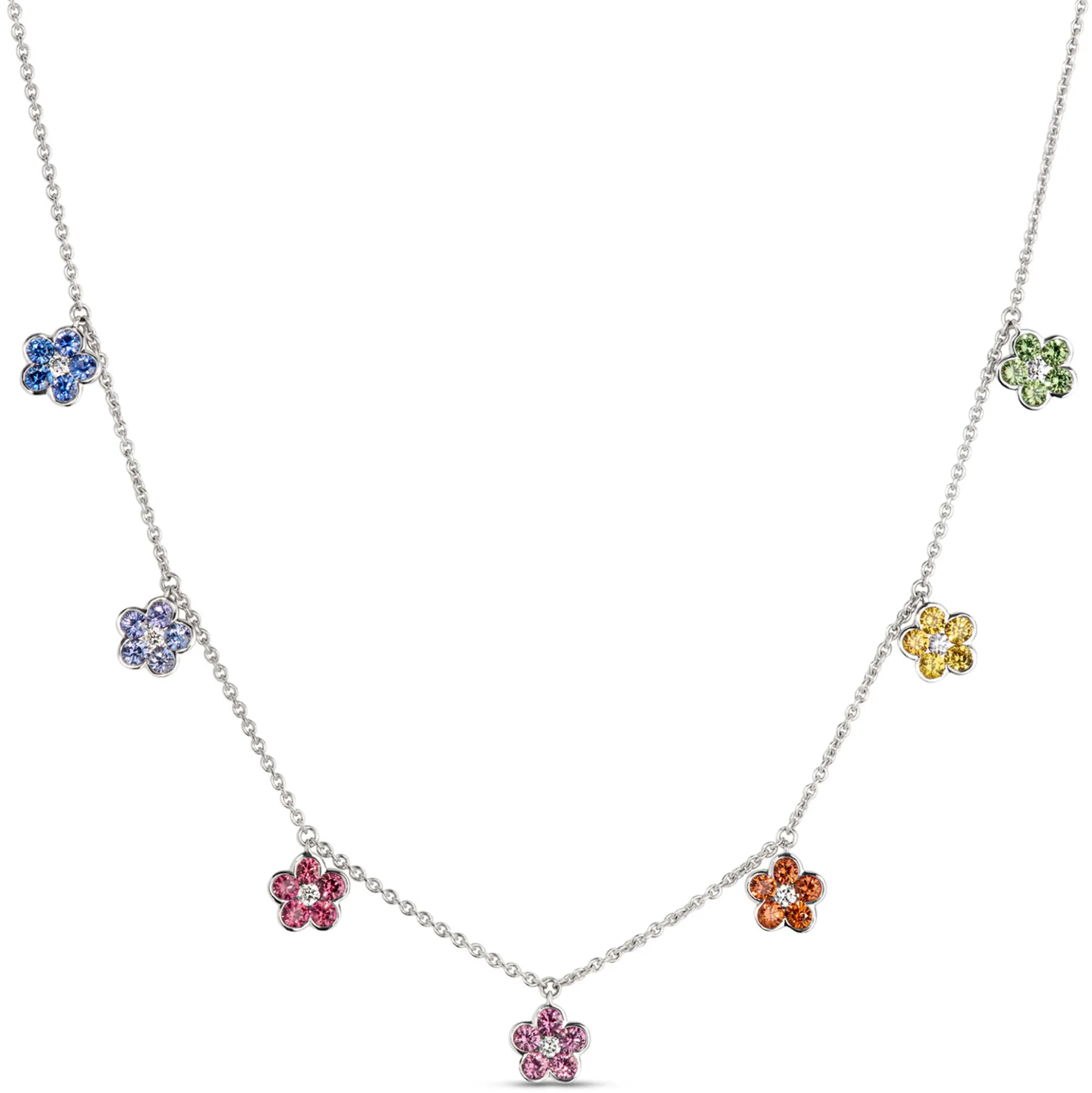 Multi-Colored Sapphire Floral Station Necklace, 14K White Gold