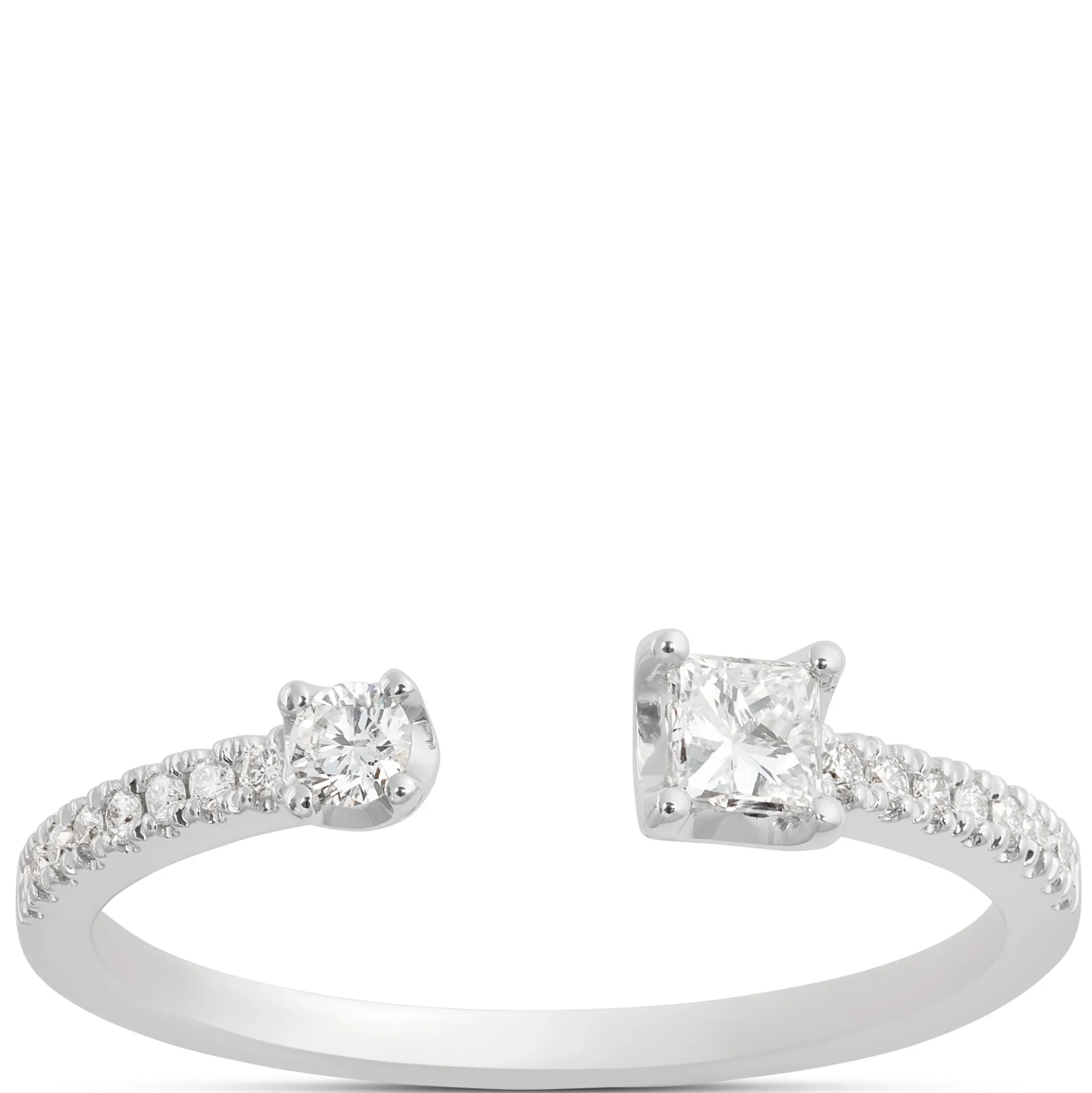 Open Center Princess and Round Diamond Ring, 14K White Gold