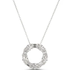 Open Circle Pendant with Emerald Cut and Round Diamonds, 2 Total Carat Weight, 14K White Gold