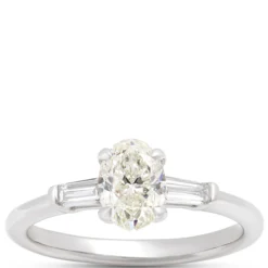 Oval and Baguette Diamond Engagement Ring, 1 Carat Total Weight, 14K White Gold