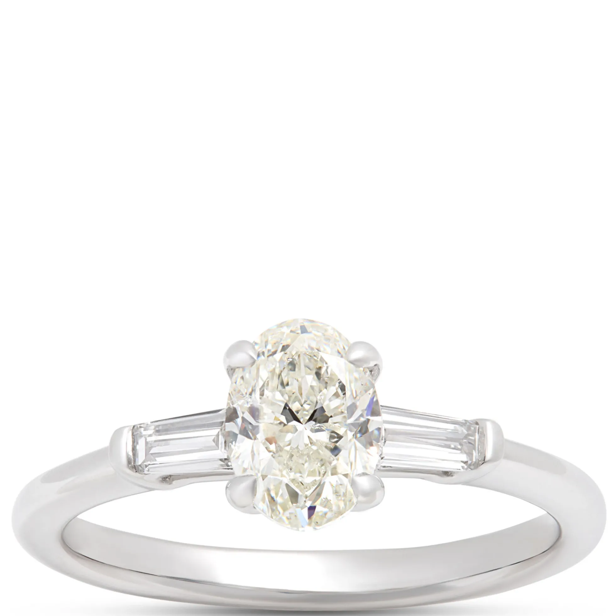 Oval and Baguette Diamond Engagement Ring, 1 Carat Total Weight, 14K White Gold