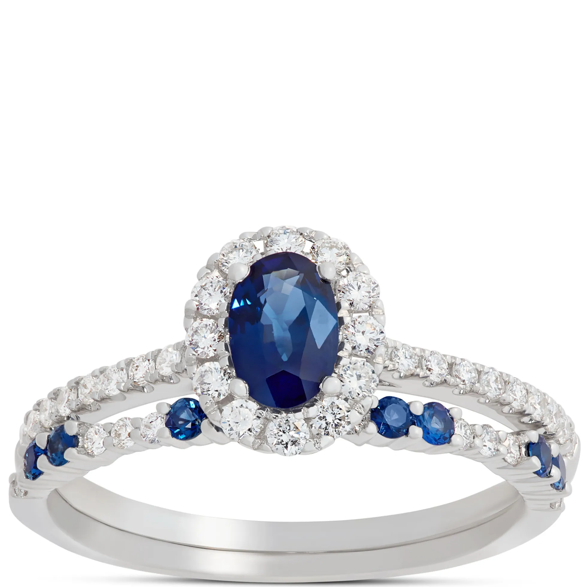 Oval Blue Sapphire and Round Diamond Ring, 14K White Gold