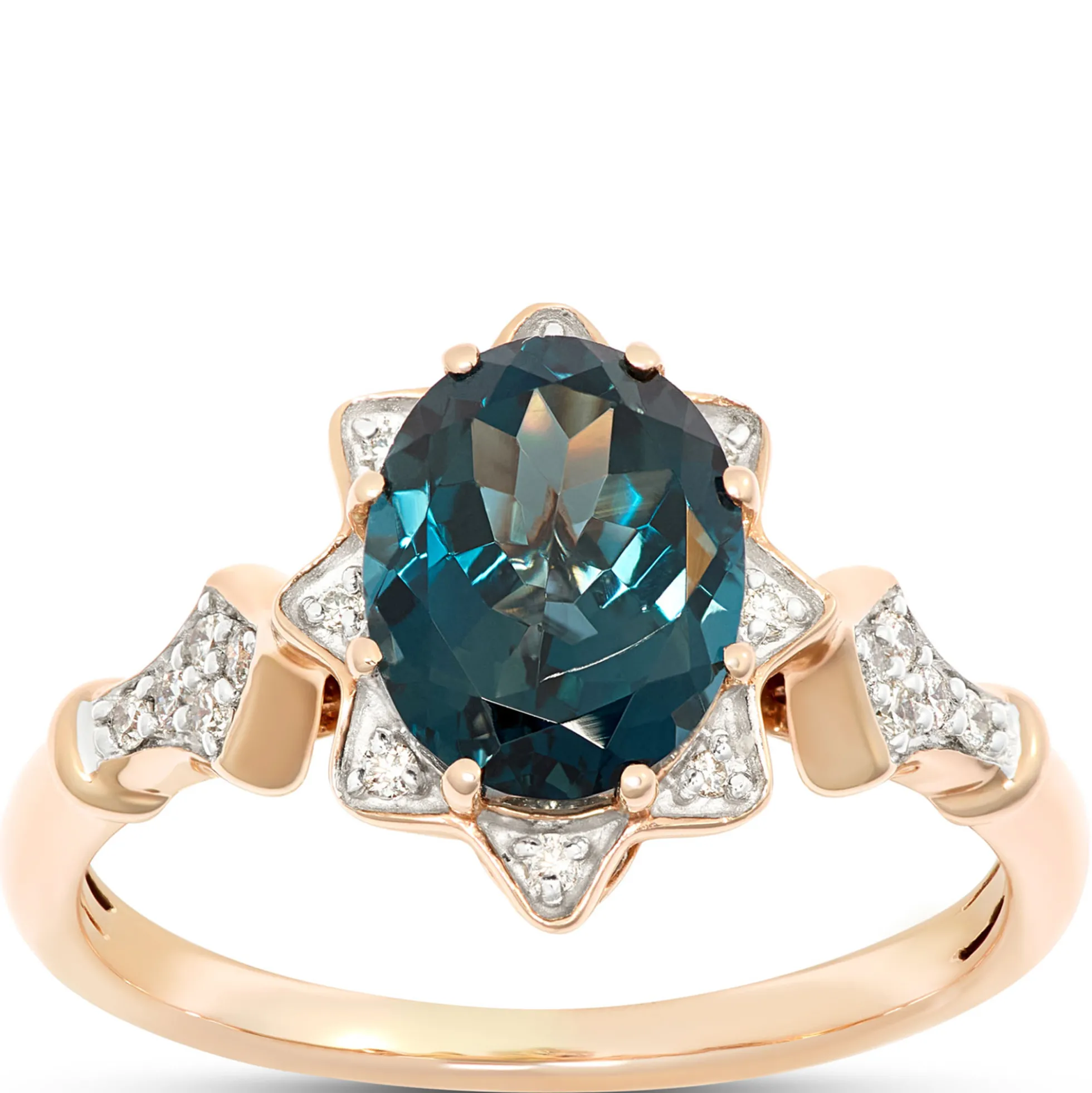 Oval Blue Topaz and Diamond Ring, 1/10 Total Carat Weight, 14K Rose Gold