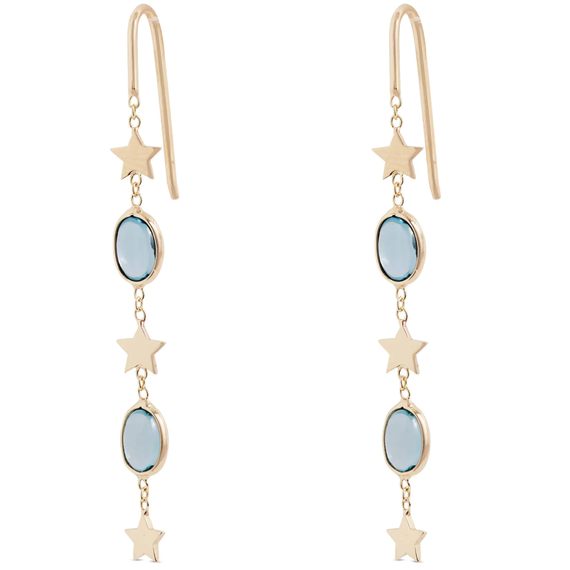 Oval Blue Topaz Dangle Earrings, 14K Yellow Gold