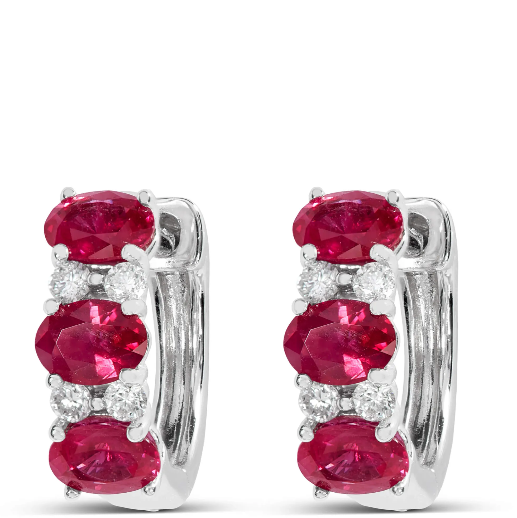 Oval Cut Ruby and Diamond Hoop Earrings, 14K White Gold