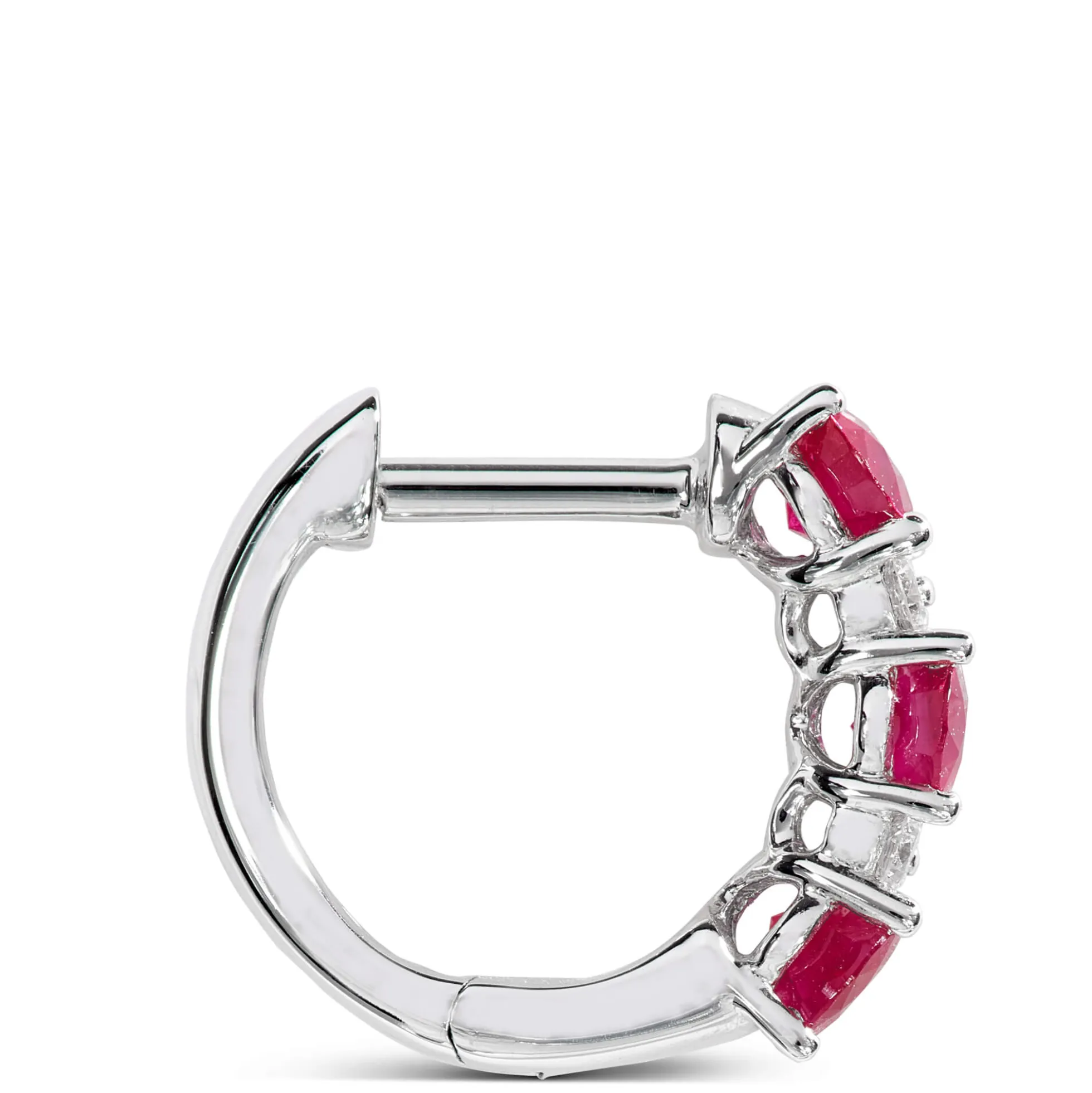 Oval Cut Ruby and Diamond Hoop Earrings, 14K White Gold