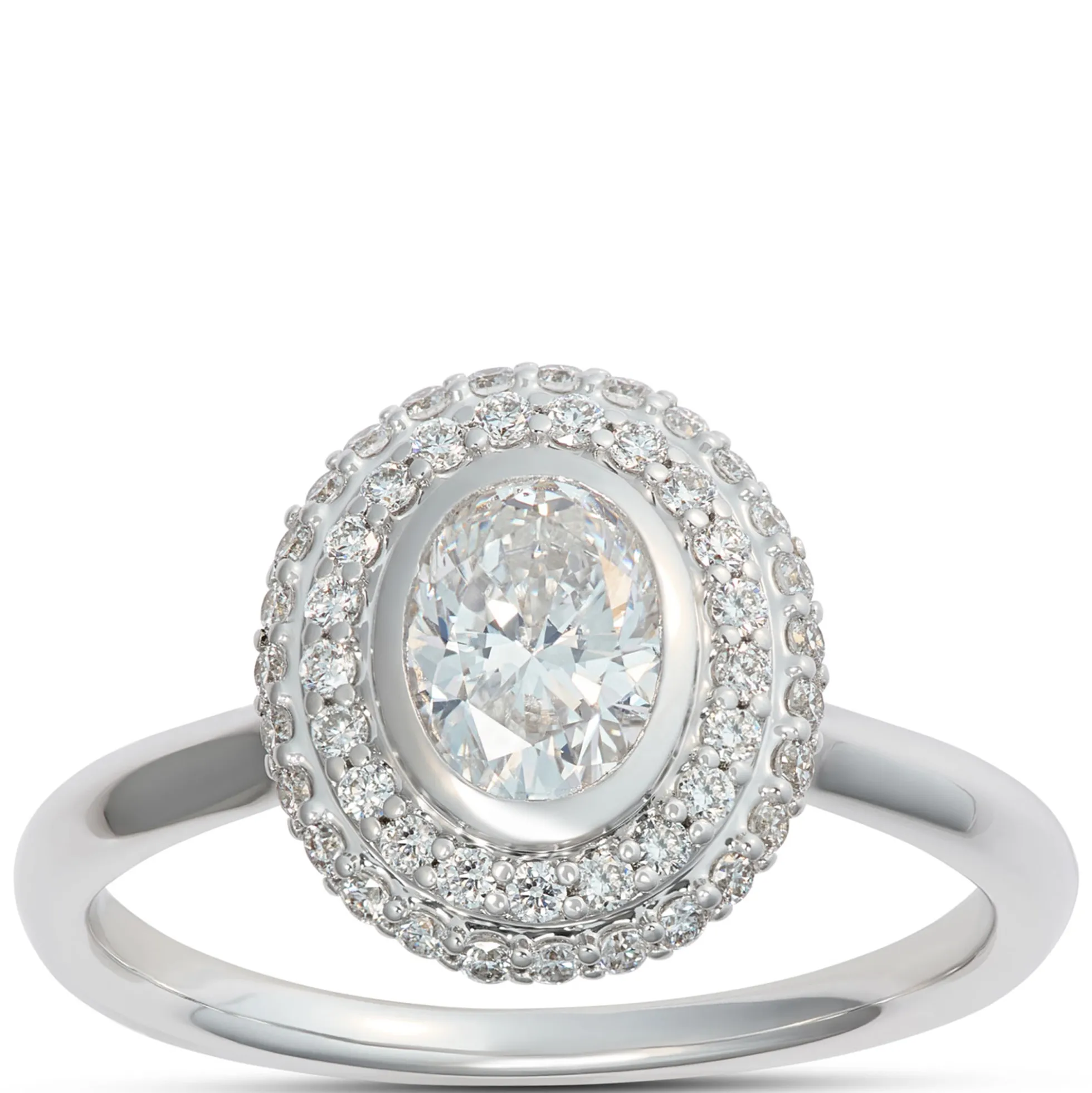 Oval Diamond Engagement Ring with Double Halo, 14K White Gold