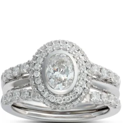 Oval Diamond Engagement Ring with Double Halo, 14K White Gold