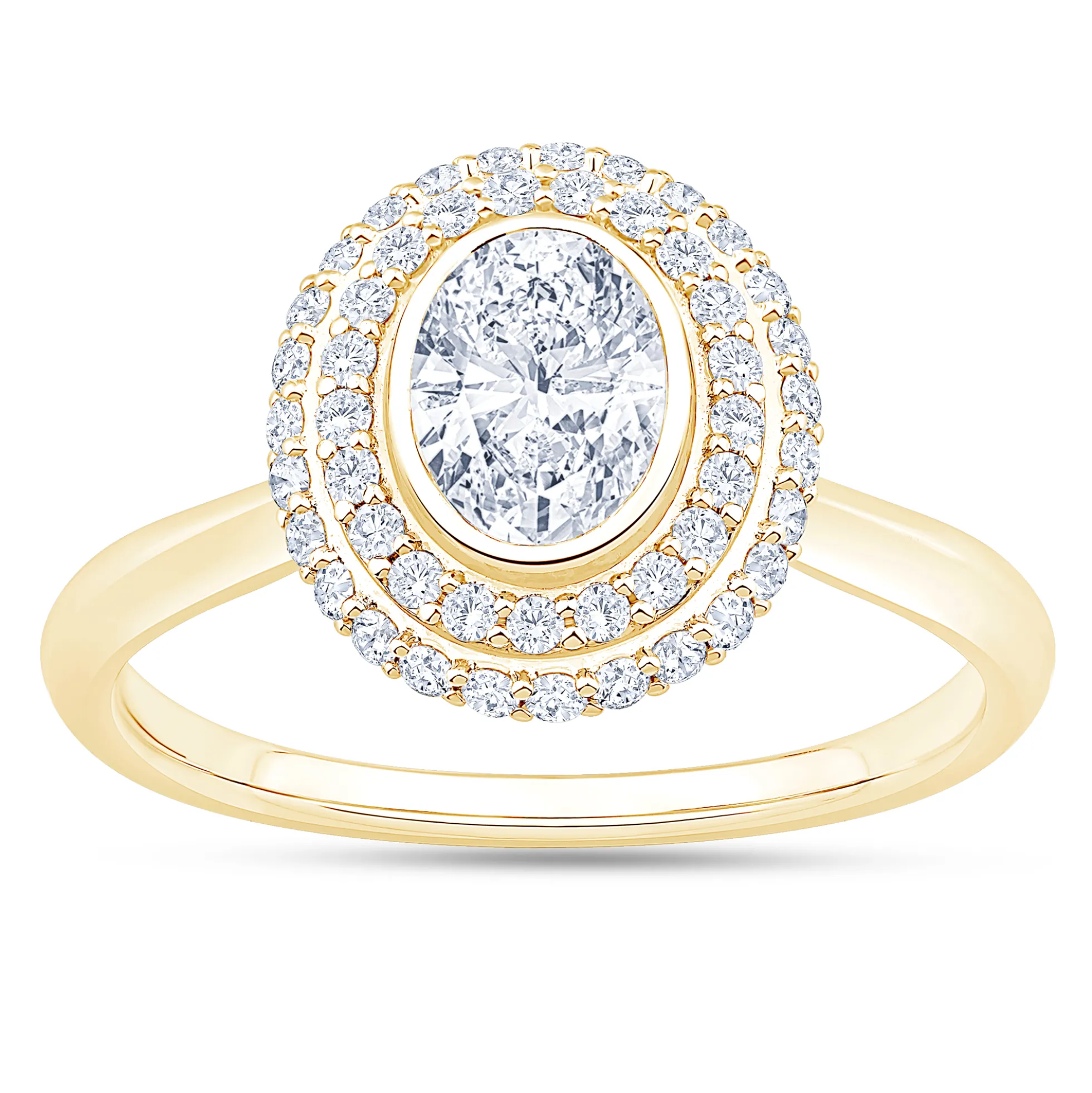 Oval Diamond Engagement Ring with Double Halo, 14K Yellow Gold